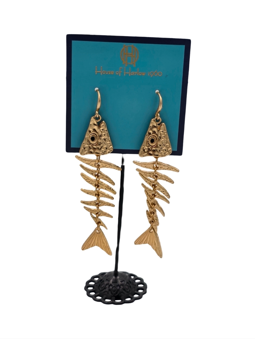 House of‎ Harlow 1960 Gold Fish Skeleton Articulated Drop Dangle Earrings - Picture 2 of 5